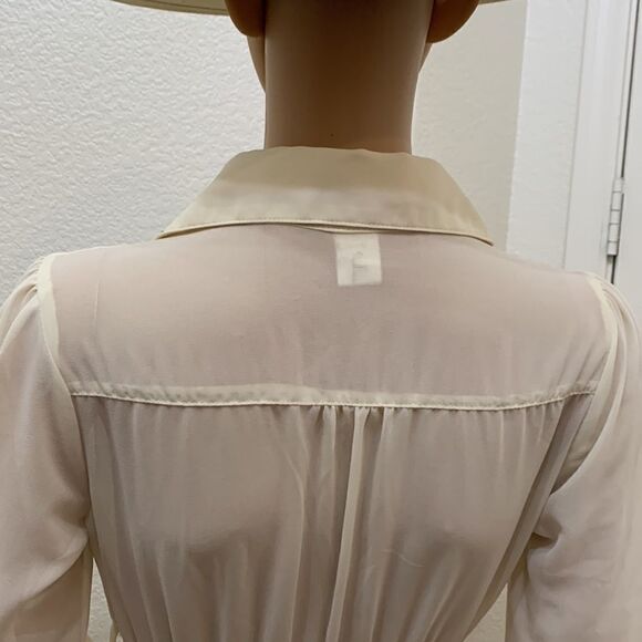 Agaci Gold Studded Collar Sheer Cream Color Front Button Pocket Roll Sleeve - Picture 7 of 9